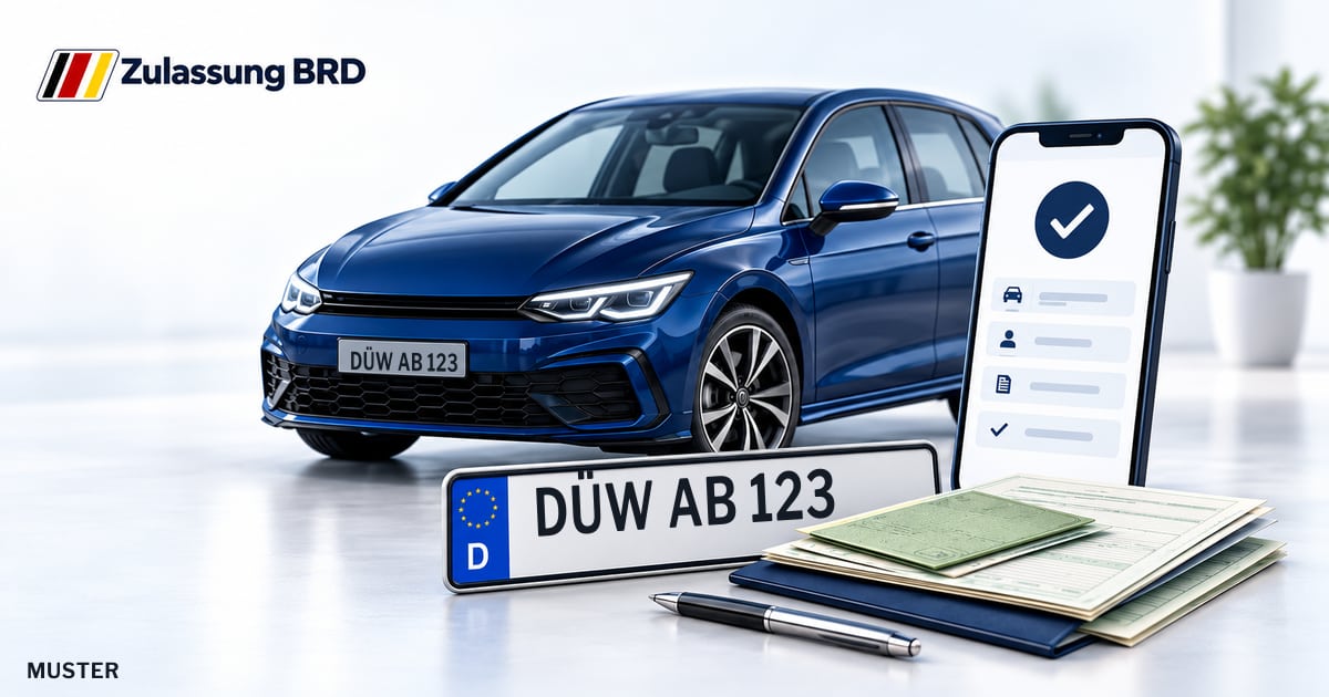 Online Fahrzeugzulassung in Grünstadt: Musterkennzeichen DÜW AB 123, Auto und Fahrzeugpapiere und Smartphone. Illustration mit Logo von Zulassung BRD.